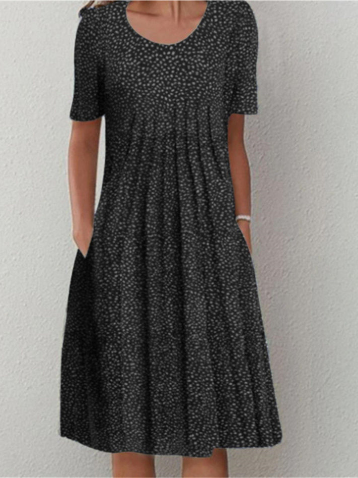 Women Short Sleeve Scoop Neck Polka Dot Graphic Midi Dress