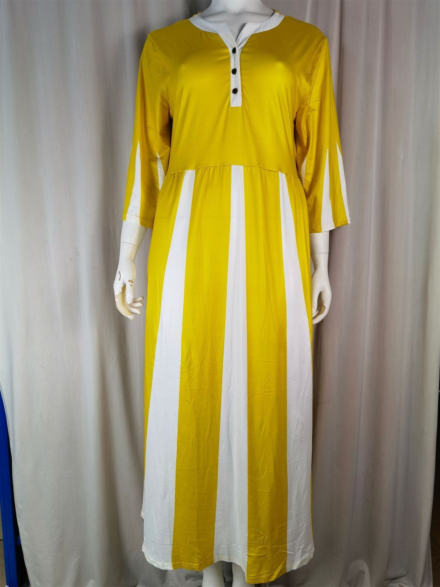 Women Half Sleeve V-neck Striped Button Colorblock Maxi Dress