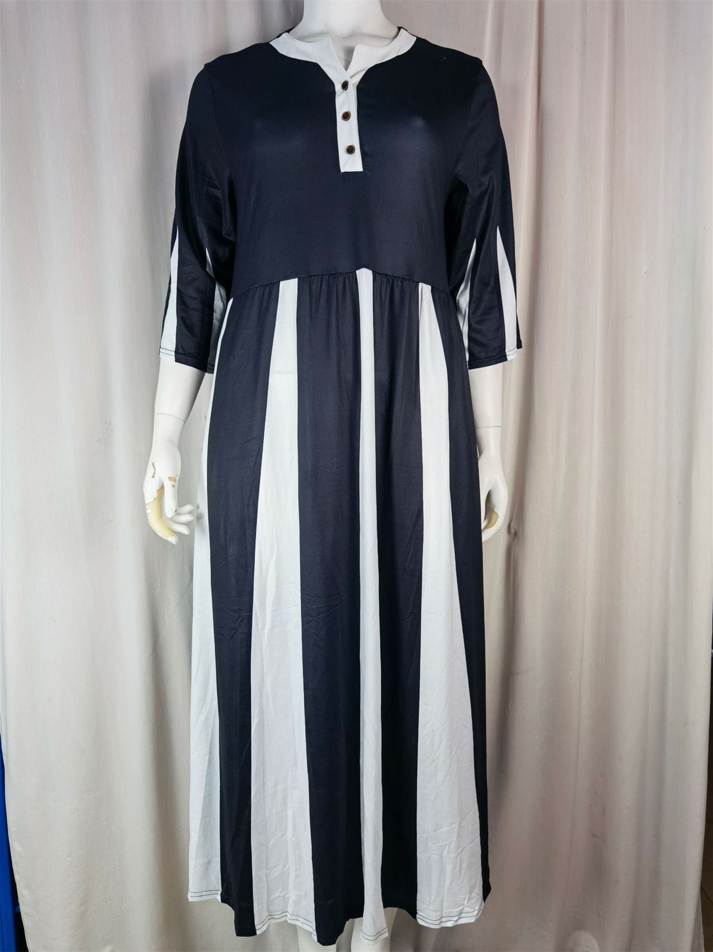 Women Half Sleeve V-neck Striped Button Colorblock Maxi Dress
