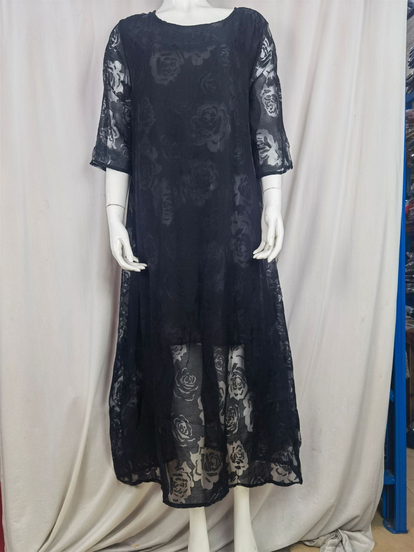 Women Half Sleeve Scoop Neck Floral Printed Solid Maxi Dress