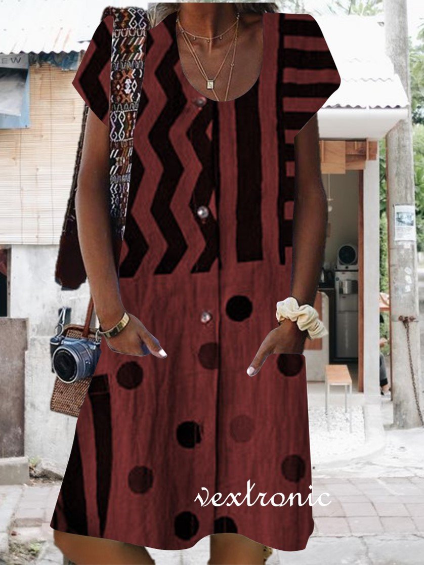 Women Short Sleeve Scoop Neck Striped Polka Dot Printed Pockets Midi Dress