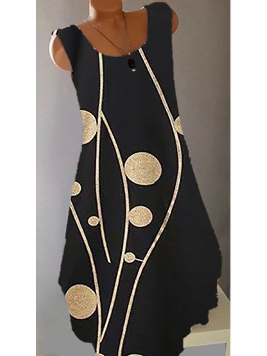 Women Black Sleeveless Scoop Neck Polka Dot Printed Midi Dress