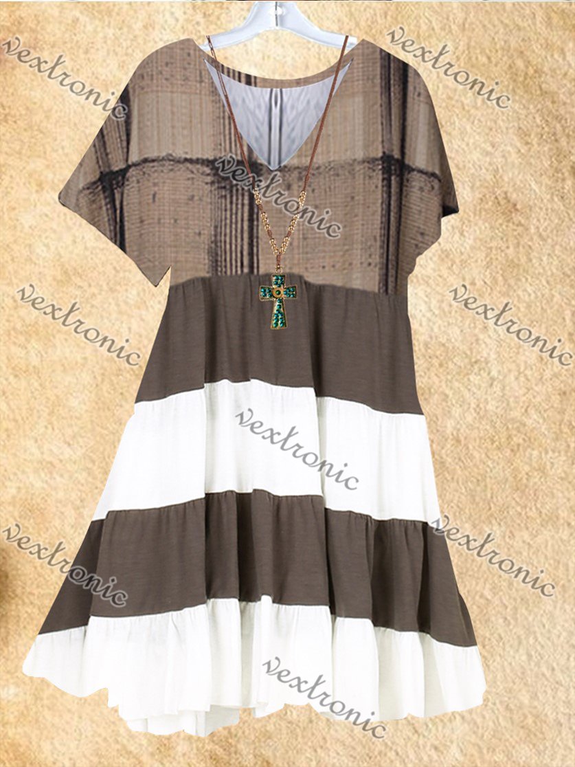 Women Short Sleev V-neck Striped Midi Dress