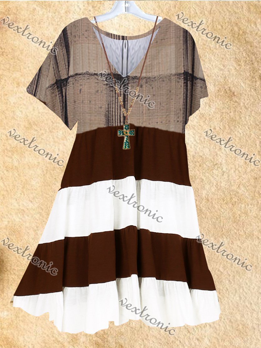 Women Short Sleev V-neck Striped Midi Dress
