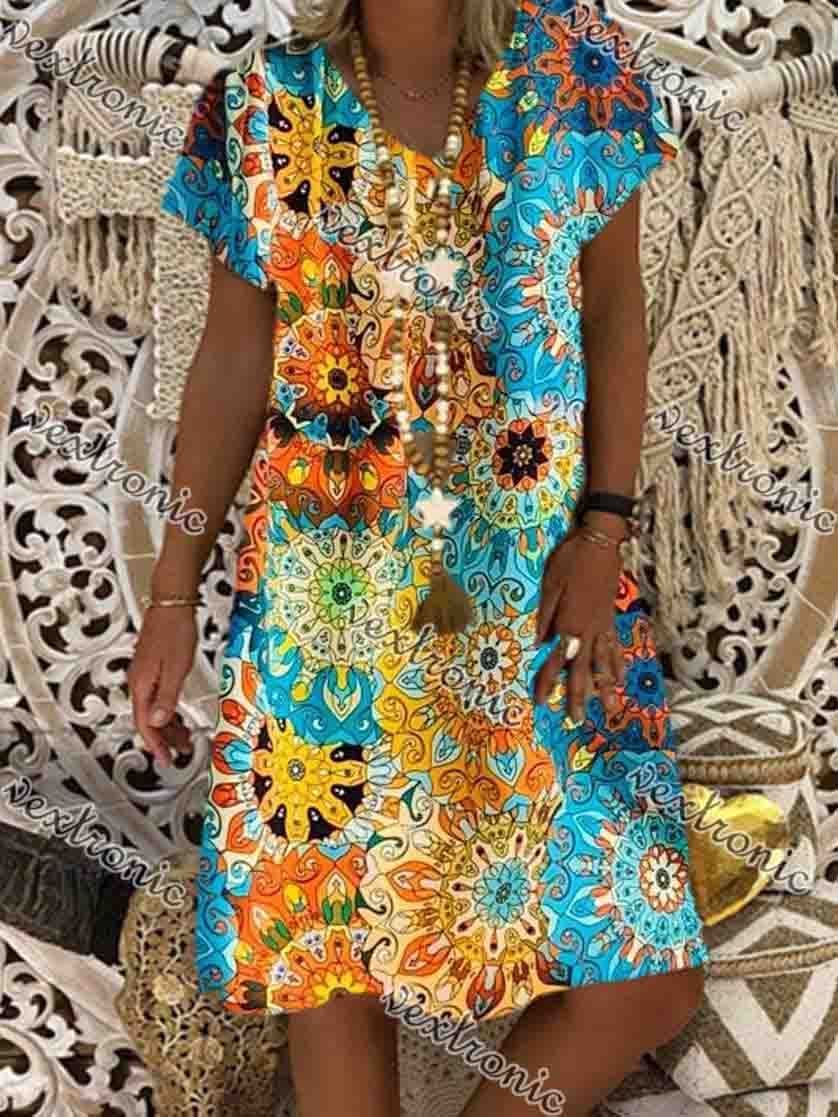 Women Sleeveless V-neck Vest Colorful Printed Mmidi Dress
