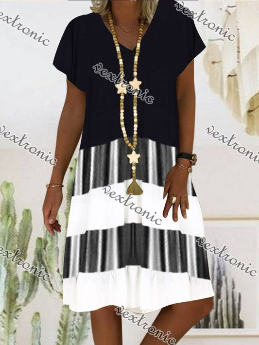 Women Short Sleeve V-neck Striped Stitching Printed Midi Dress