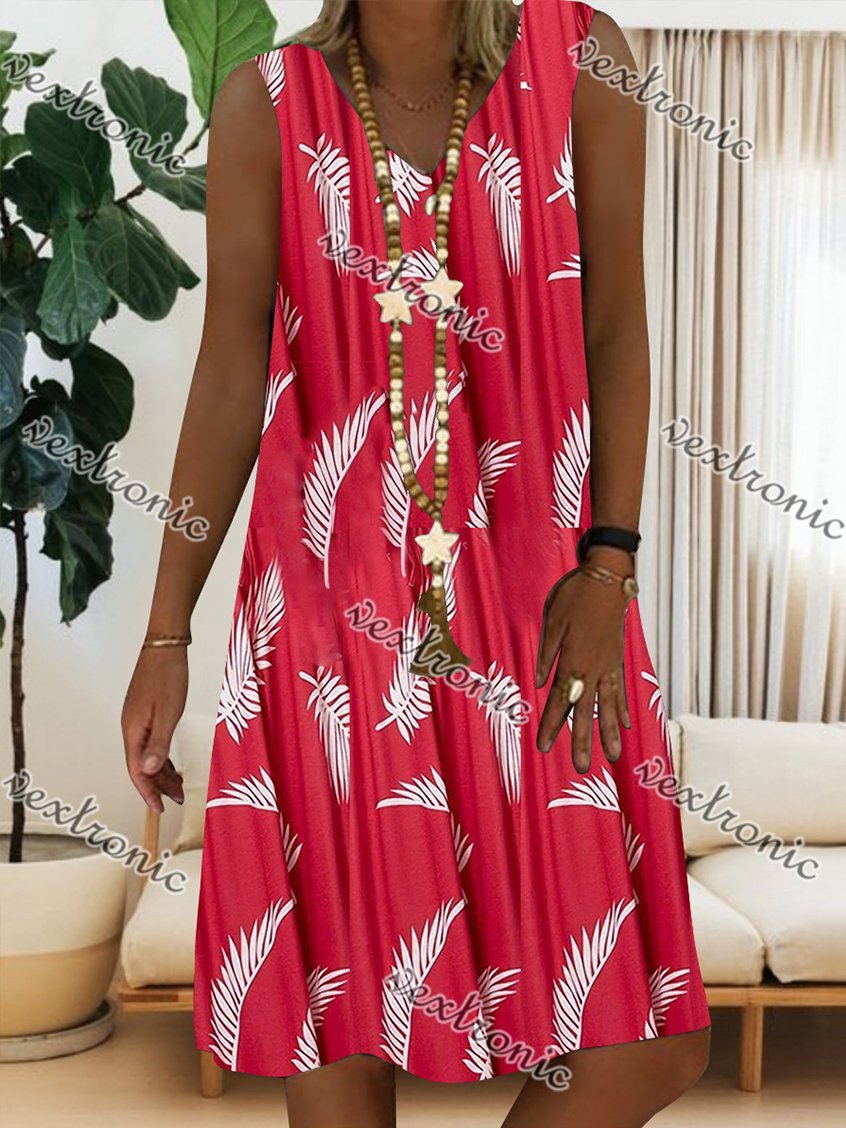 Women Casual Sleeveless V-neck Feather and Leaves Printed Printed Midi Dress
