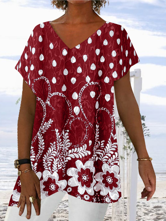 Women Short Sleeve V-neck Floral Printed Drop Dot Top