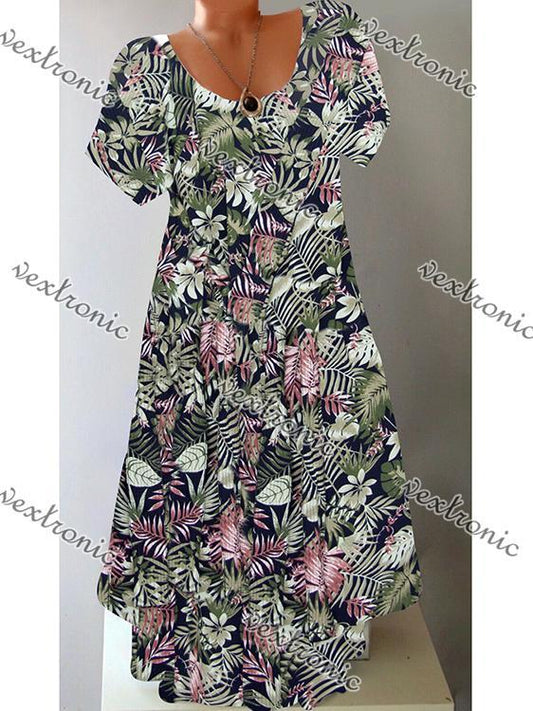 Women Short Sleeve Scoop Neck Casual Floral Printed Midi Dress