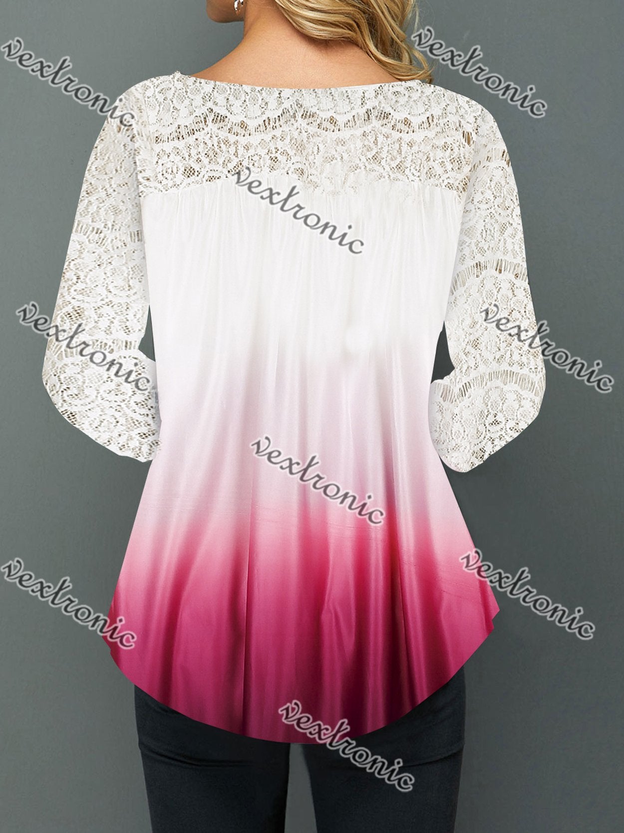 Women 3/4 Sleeve Scoop Neck Lace Stitching Top Dress