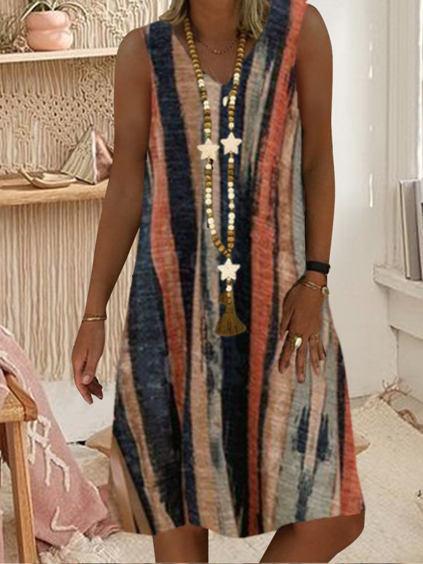 Women Casual Sleeveless V-neck Striped Printed Midi Dress