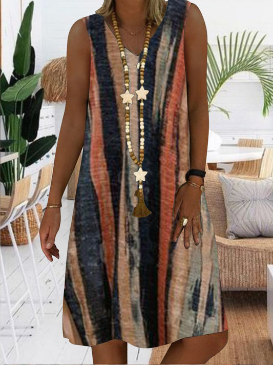 Women Casual Sleeveless V-neck Striped Printed Midi Dress