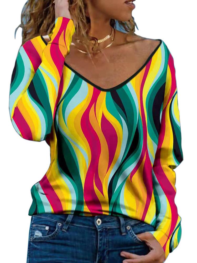 Women Long Sleeve V-neck Printed Top