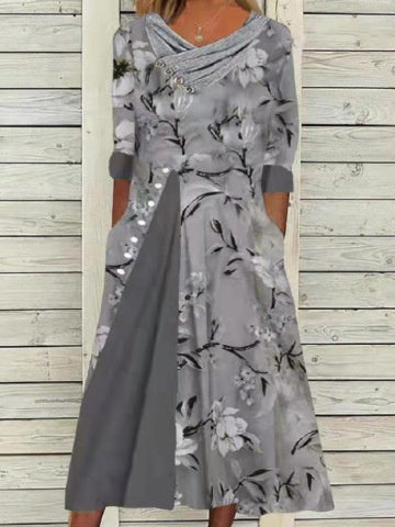 Floral Tunic V-Neckline Midi A-line Dress