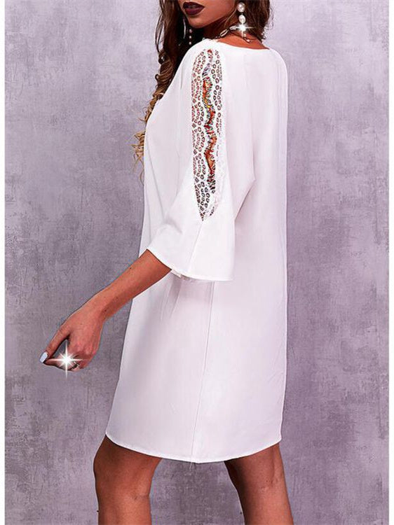 Women's White V-neck 3/4 Sleeve Lace Mini Dress