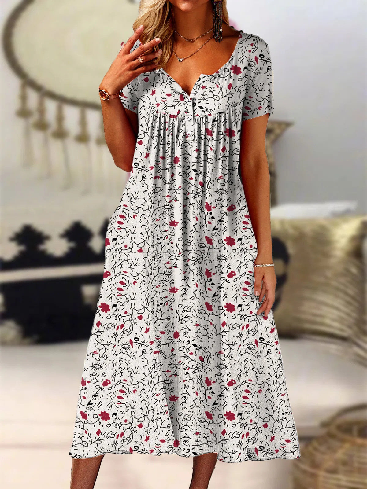 Women's Short Sleeve V-neck Floral Printed Buttons Midi Dress