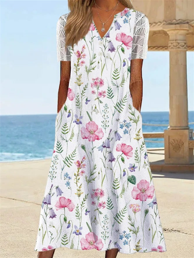 Women's Short Sleeve V-neck Floral Printed Lace Midi Dress