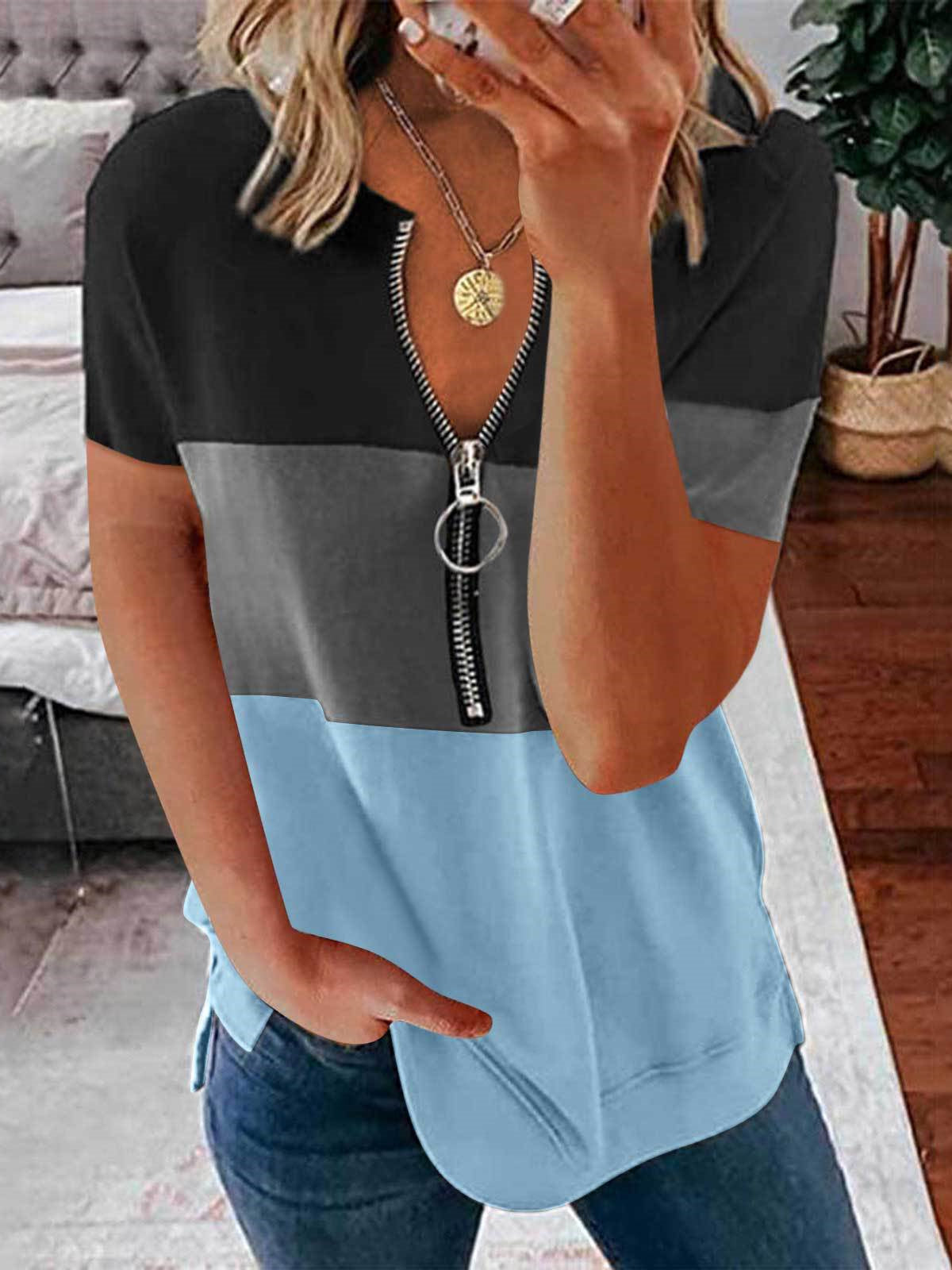 Women's Short Sleeve V-neck Colorblock Printed Top