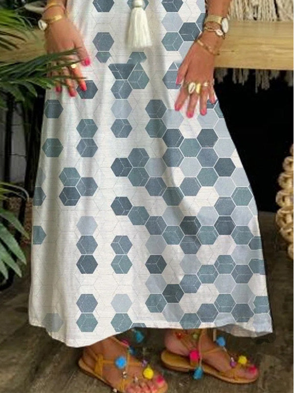 Women's Short Sleeve V-neck Geometric Printed Maxi Dress