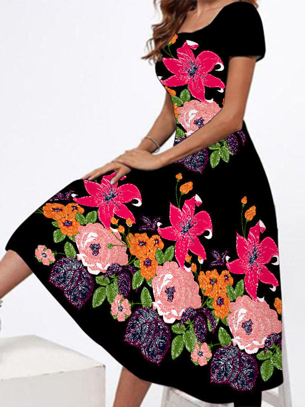 Women's Short Sleeve Square Collar Floral Printed Midi Dress