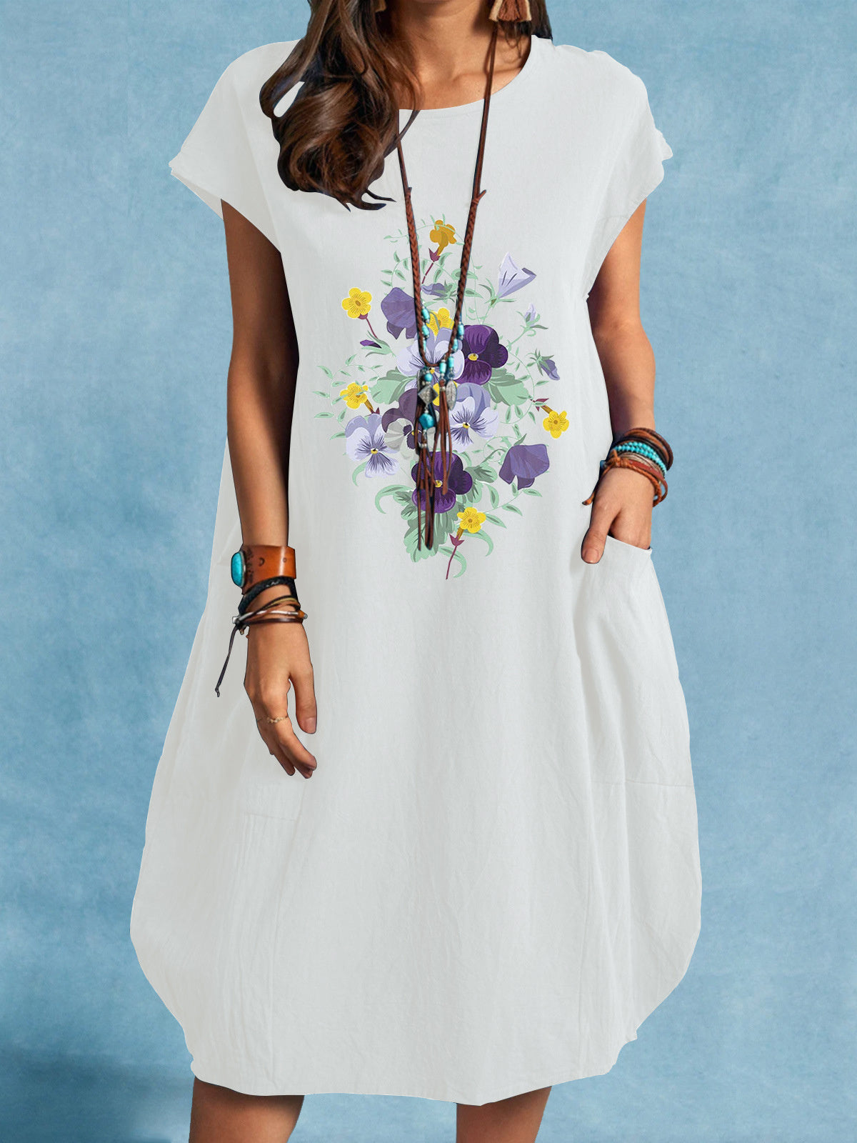 Women's Short Sleeve Scoop Neck Floral Printed Midi Dress