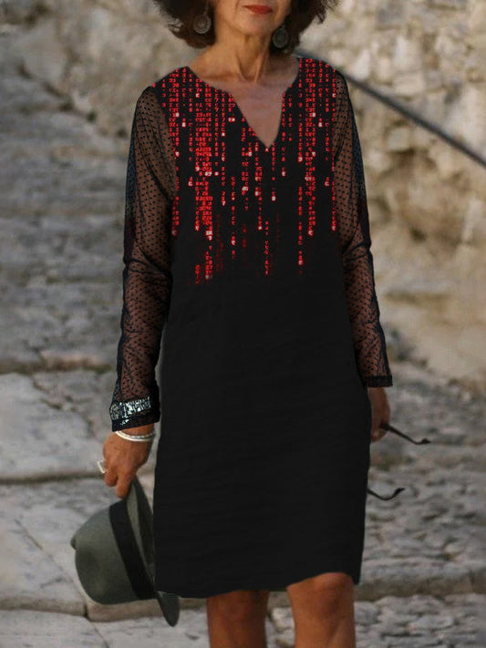 Women's Long Sleeve V-neck Lace Stitching Graphic Printed Midi Dress