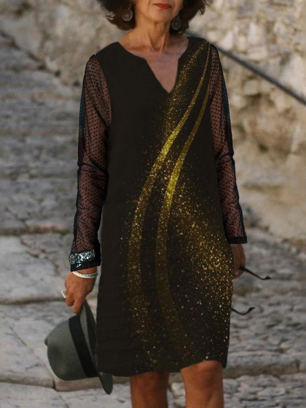 Women's Long Sleeve V-neck Lace Stitching Graphic Printed Midi Dress