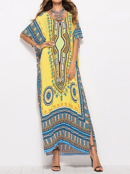 Women's Short Sleeve V-neck Graphic Printed Beach Maxi Dress