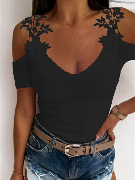 Women's Short Sleeve V-neck Lace Stitching Top