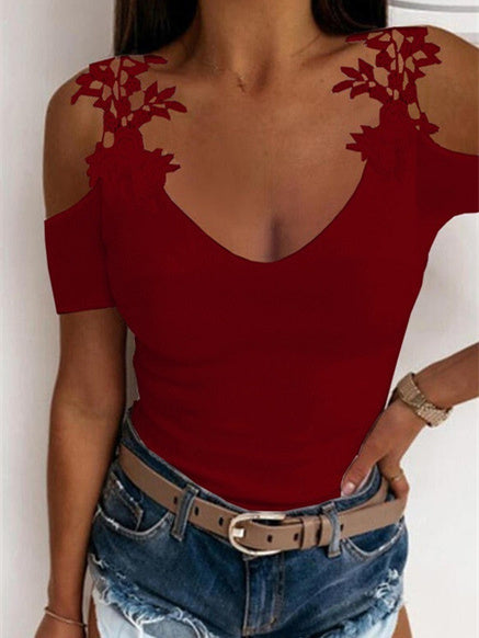 Women's Short Sleeve V-neck Lace Stitching Top