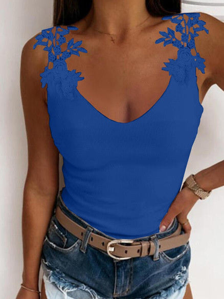 Women's Sleeveless V-neck Lace Stitching Top