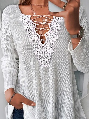 Women's Long Sleeve V-neck Lace Stitching Tops