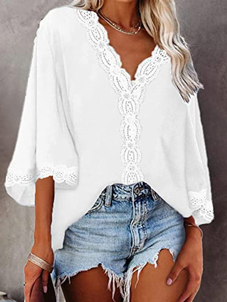 Women's 3/4 Sleeve V-neck Lace Tops