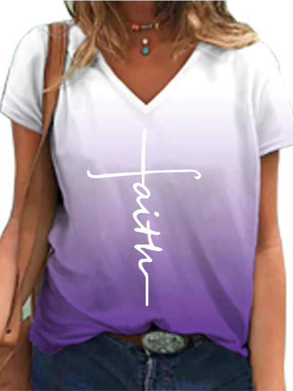 Women's Short Sleeve V-neck Graphic Printed Top