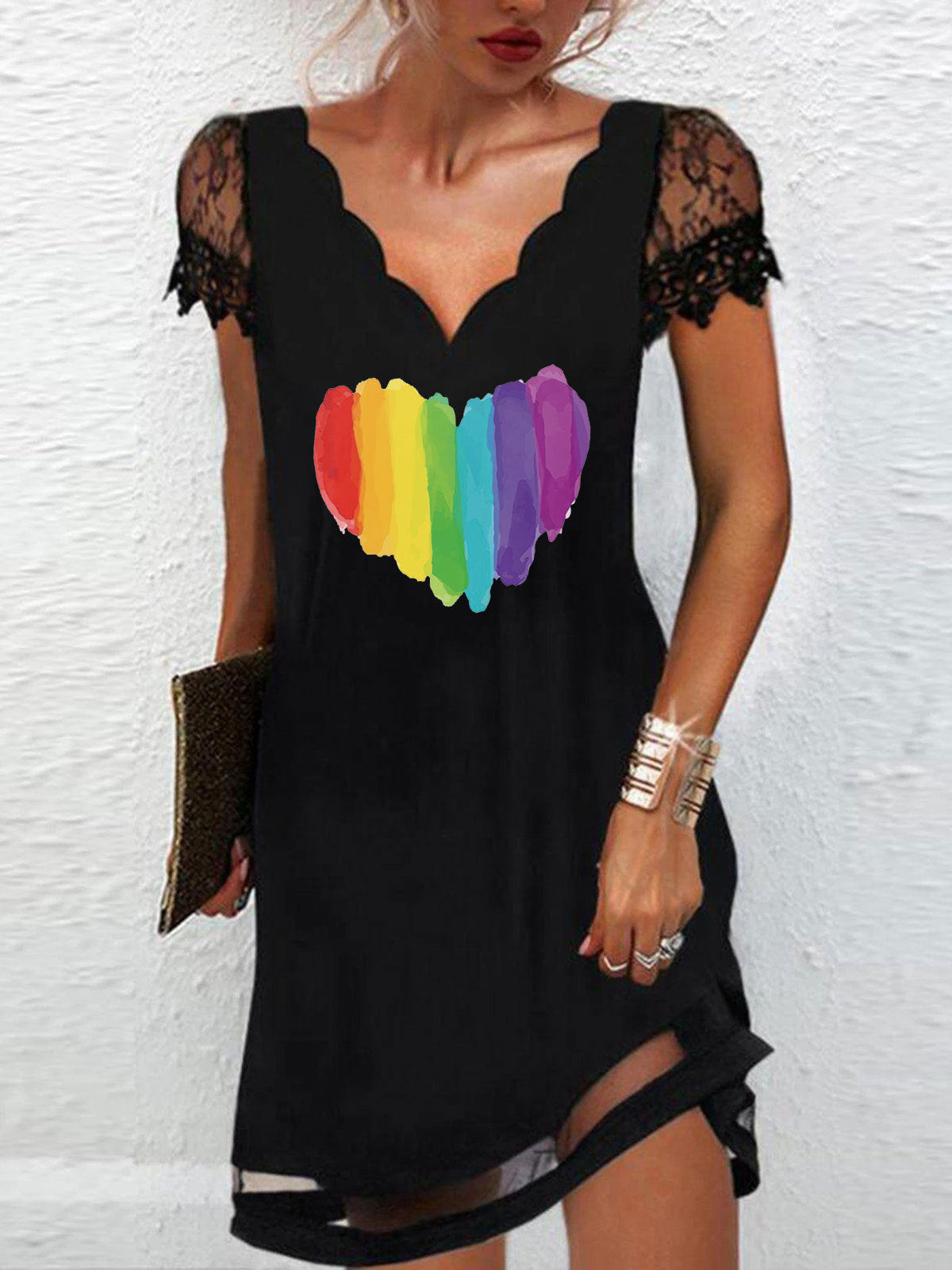 Women's V-neck Short Sleeve Lace Graphic Printed Midi Dress