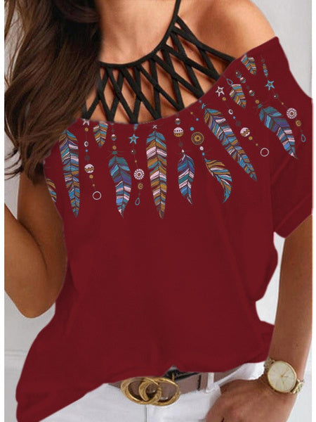 Women's Short Sleeve Off-shoulder Hollow Graphic Printed Top