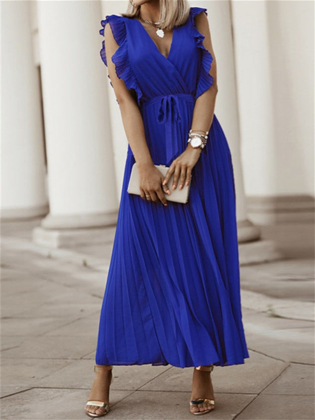 Women's Sleeveless V-neck Lace-up Pure Color Midi Dress