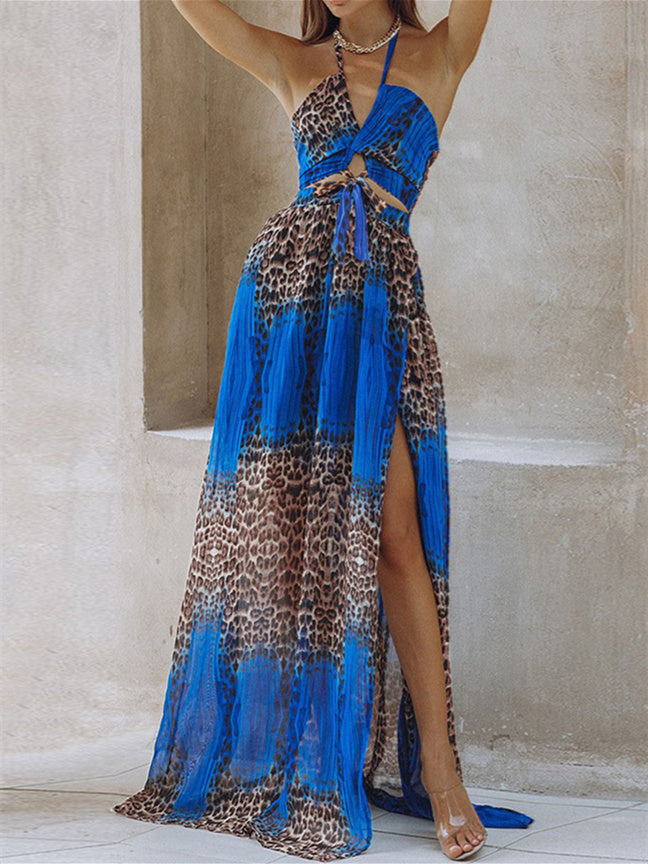 Women's Sleeveless Halter Leopard Printed Maxi Dress