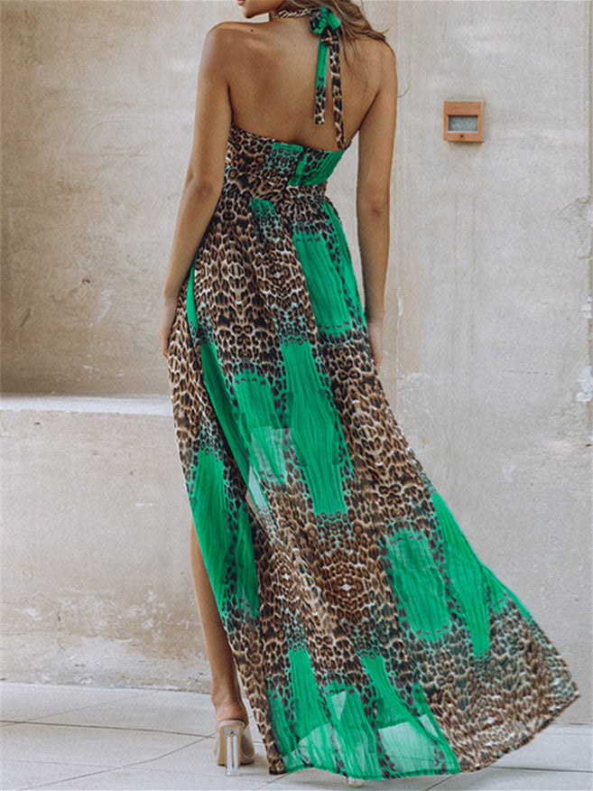 Women's Sleeveless Halter Leopard Printed Maxi Dress