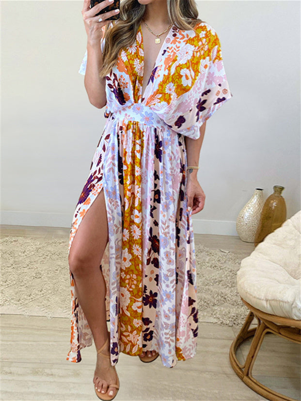 Women's Short Sleeve V-neck Floral Printed Maxi Dress