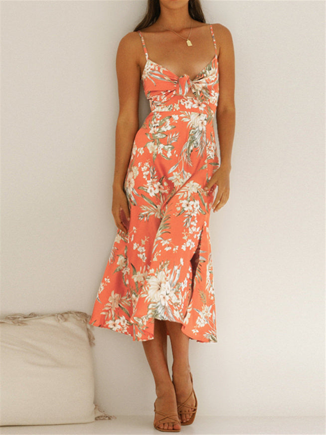 Women's Sleeveless V-neck Hollow Lace-up Floral Printed Midi Dress