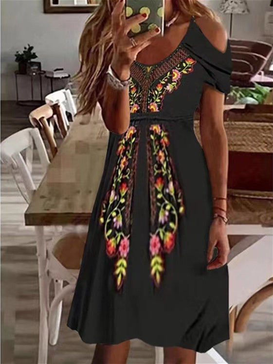 Women's Short Sleeve Scoop Neck Cold Shoulder Floral Printed Midi Dress