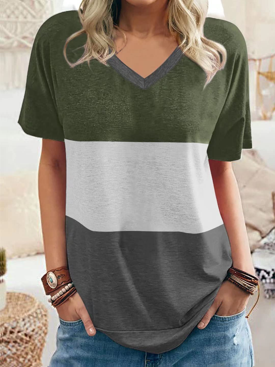 Women's Short Sleeve V-neck Colorblock Striped Printed Top