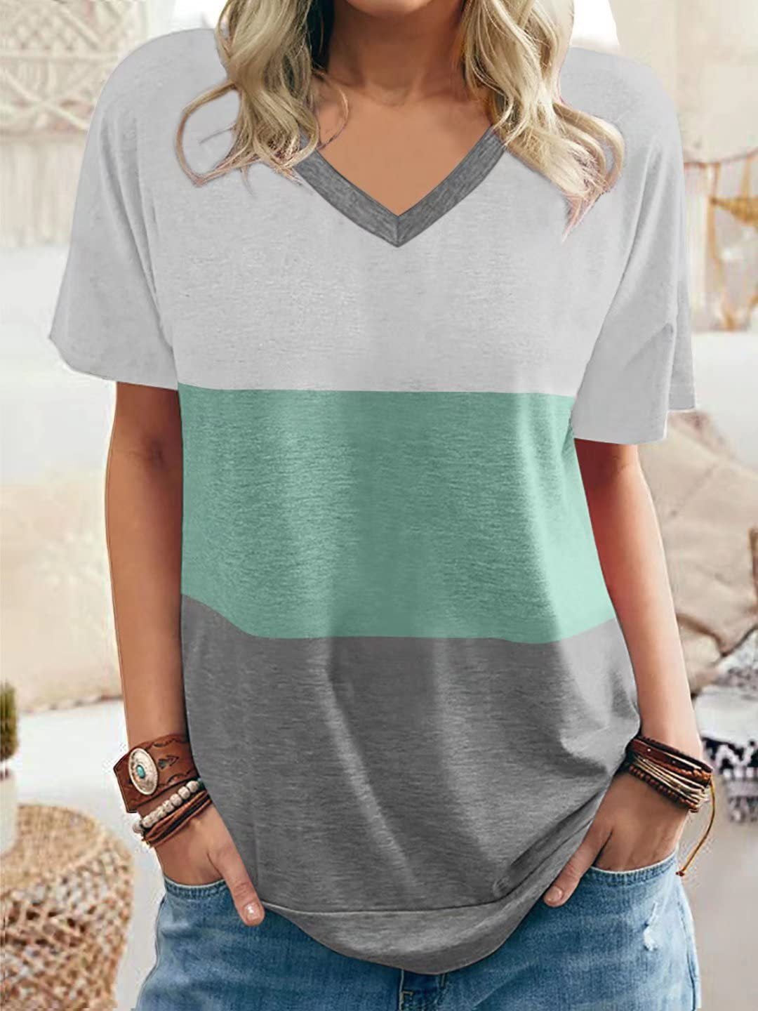 Women's Short Sleeve V-neck Colorblock Striped Printed Top