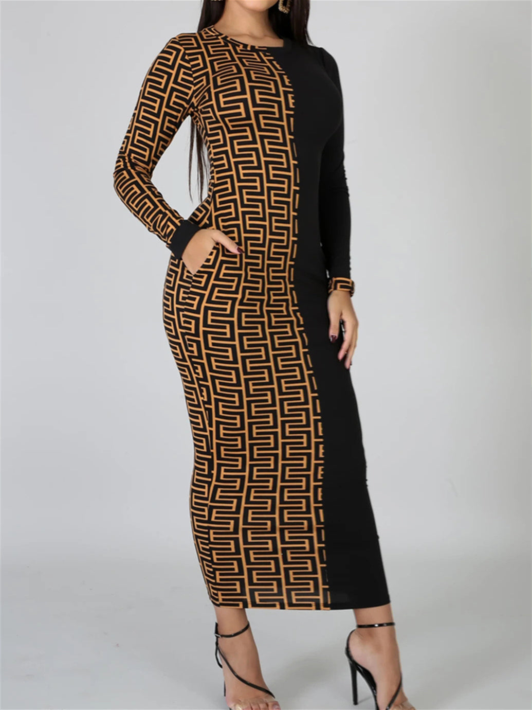 Women's Long Sleeve Scoop Neck Colorblock Graphic Printed Midi Dress