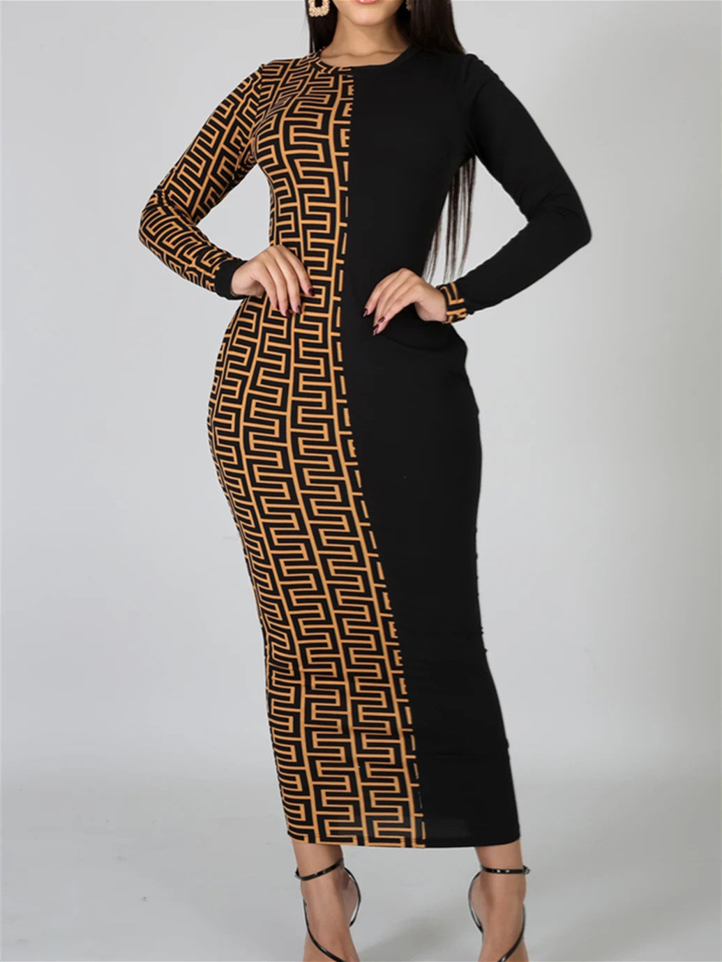 Women's Long Sleeve Scoop Neck Colorblock Graphic Printed Midi Dress