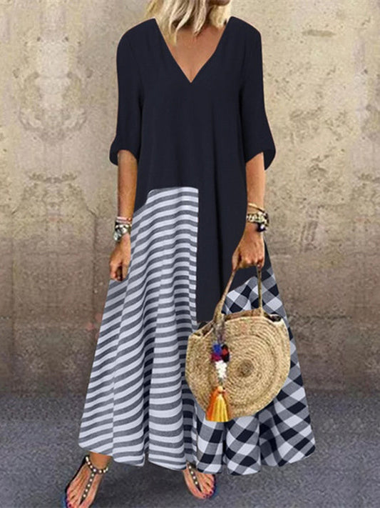 Women's Half Sleeve V-neck Striped Plaid Printed Maxi Dress