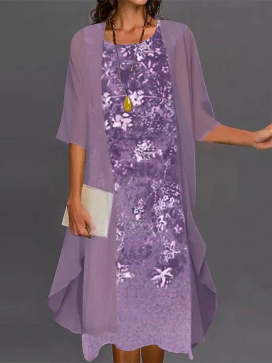 Women's Half Sleeve Scoop Neck Floral Printed Two-Piece Midi Dress