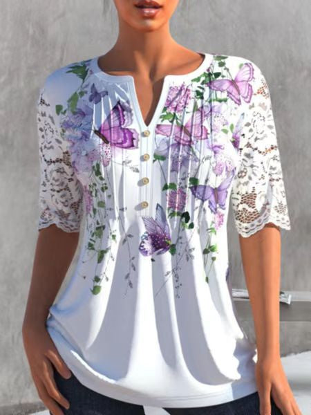 Women's 3/4 Sleeve V-neck Lace Floral Printed Tops