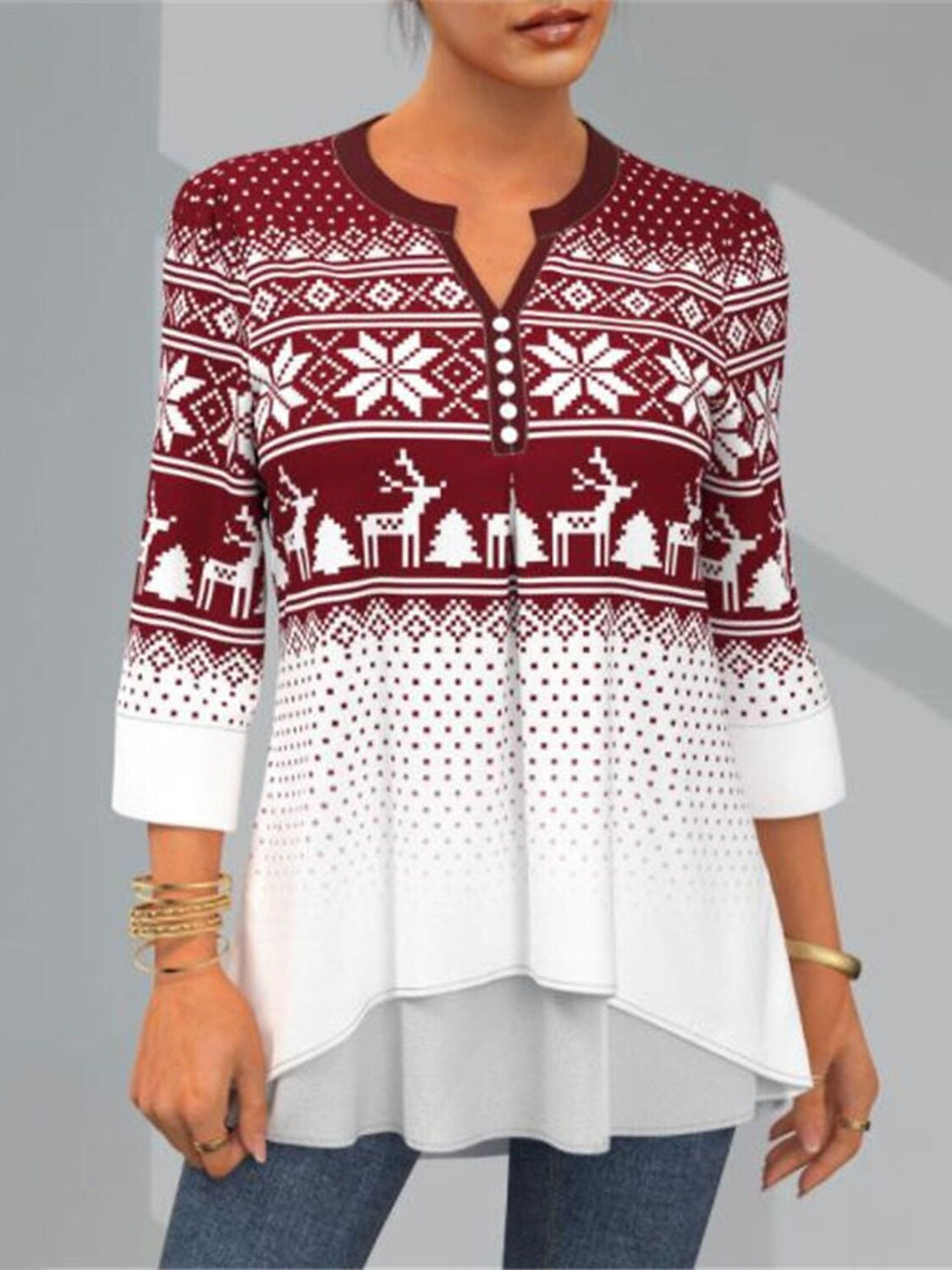 Women's Christmas 3/4 Sleeve V-neck Graphic Printed Top